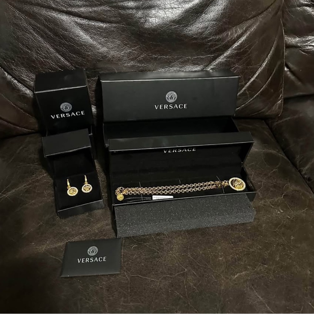 New Versace Gold and Crystal LA Medusa Necklace and Earring Set